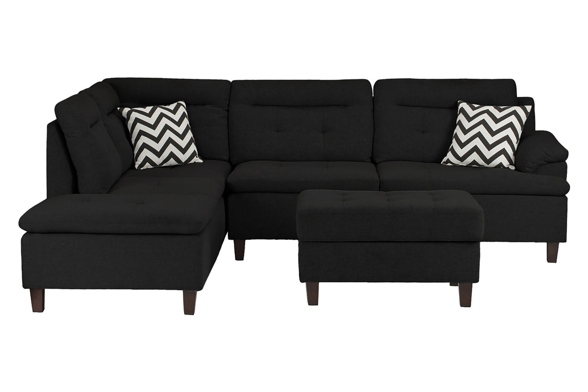 3-Pcs Sectional W/Storage Ottoman 2 Accent Pillows - Black