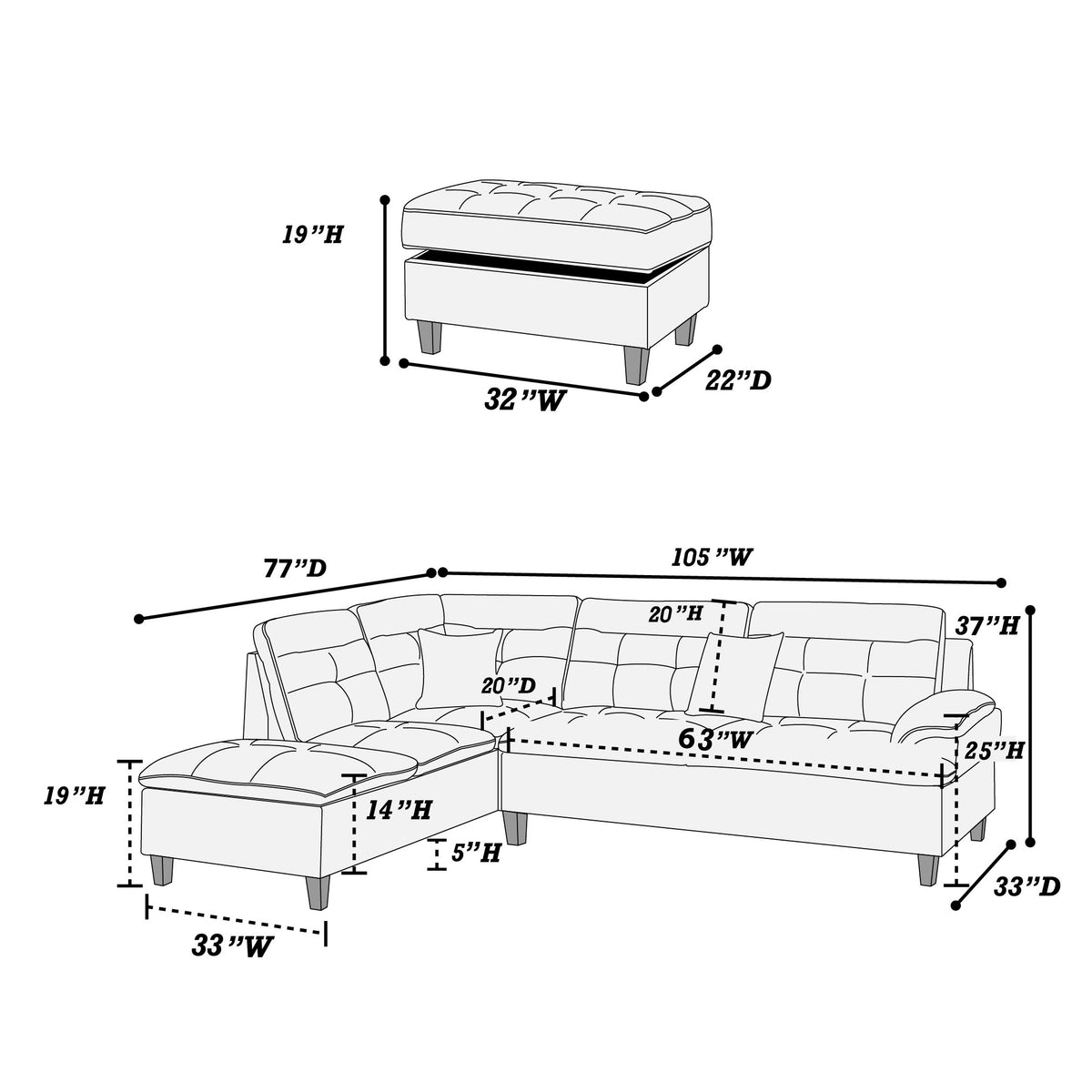 3-Pcs Sectional W/Storage Ottoman 2 Accent Pillows - Black