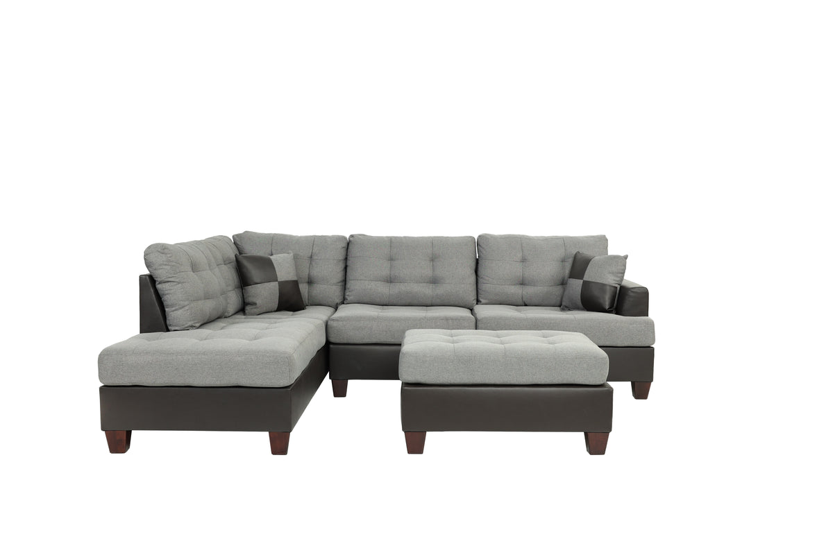 3-Pcs Sectional Set W/2 Accent Pillows - Grey+Chocolate/Dark Coffee
