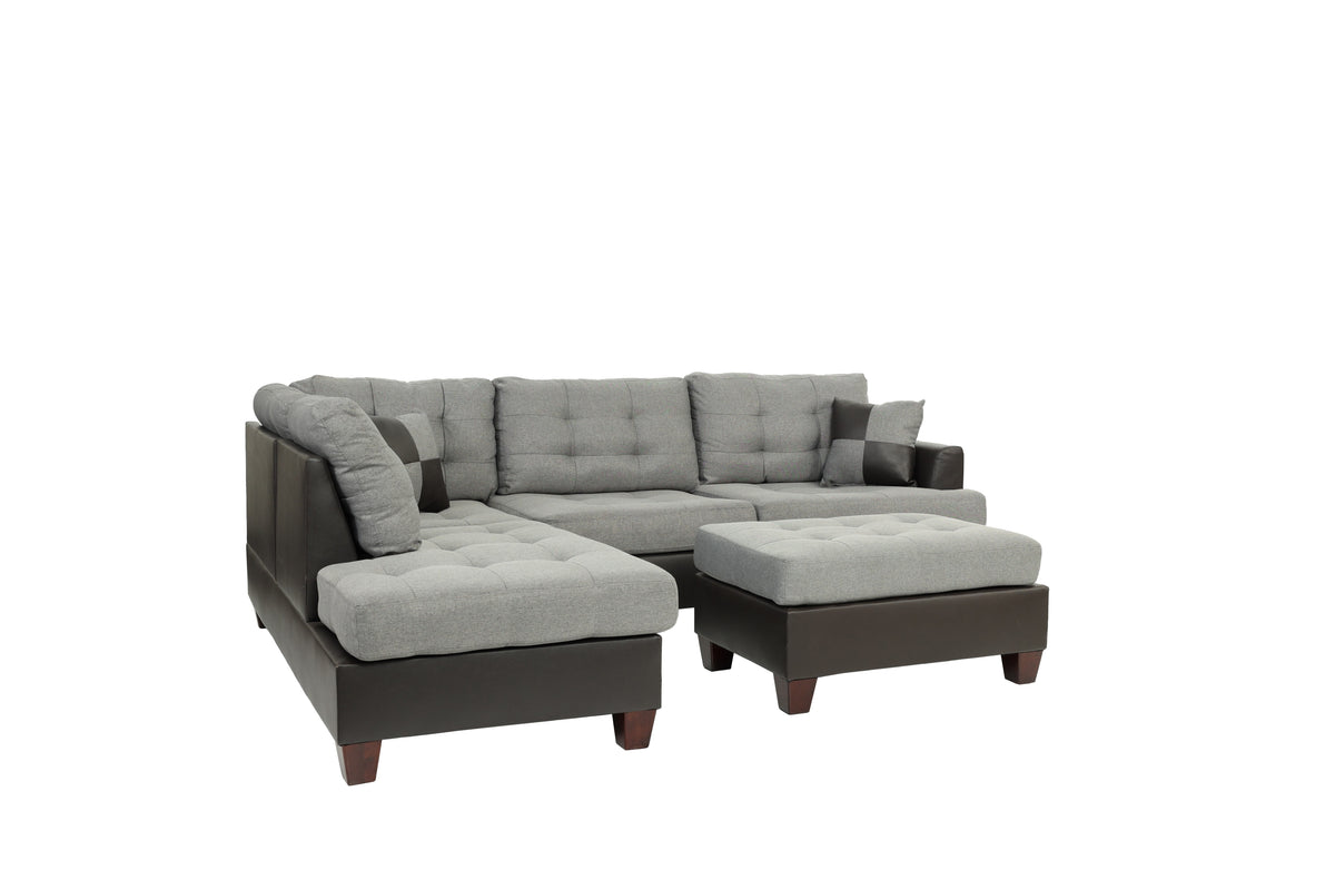 3-Pcs Sectional Set W/2 Accent Pillows - Grey+Chocolate/Dark Coffee