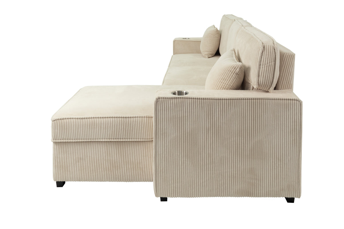 Covertible Sectional W/ Usb Ports & 2 Accent Pillows - Beige