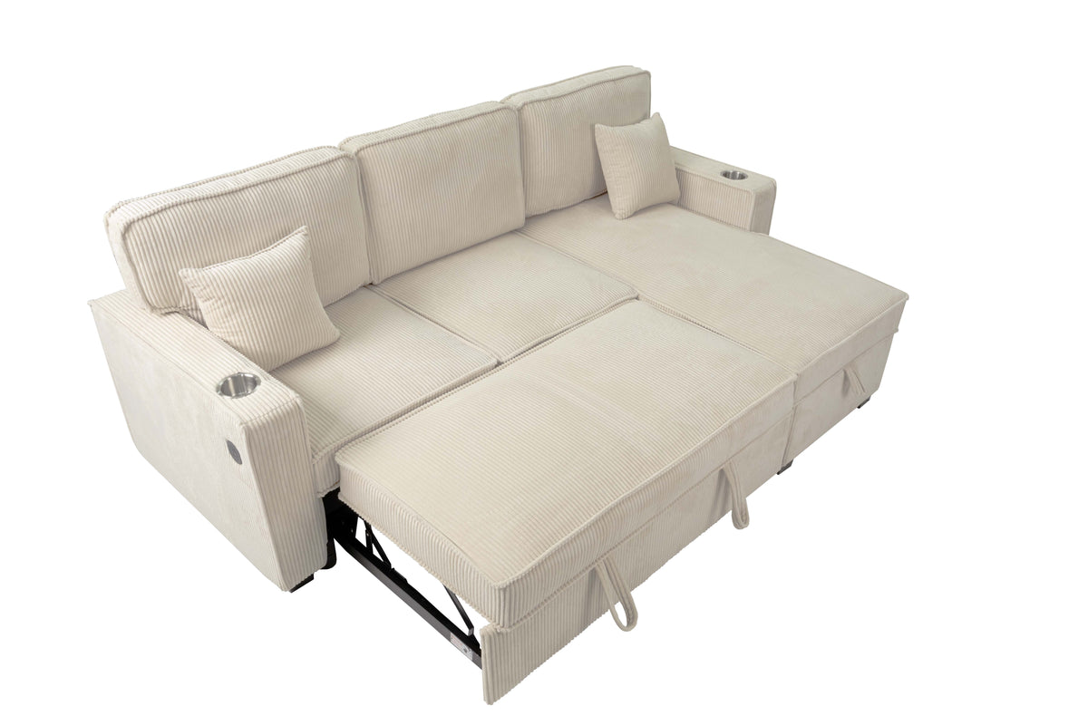 Covertible Sectional W/ Usb Ports & 2 Accent Pillows - Beige