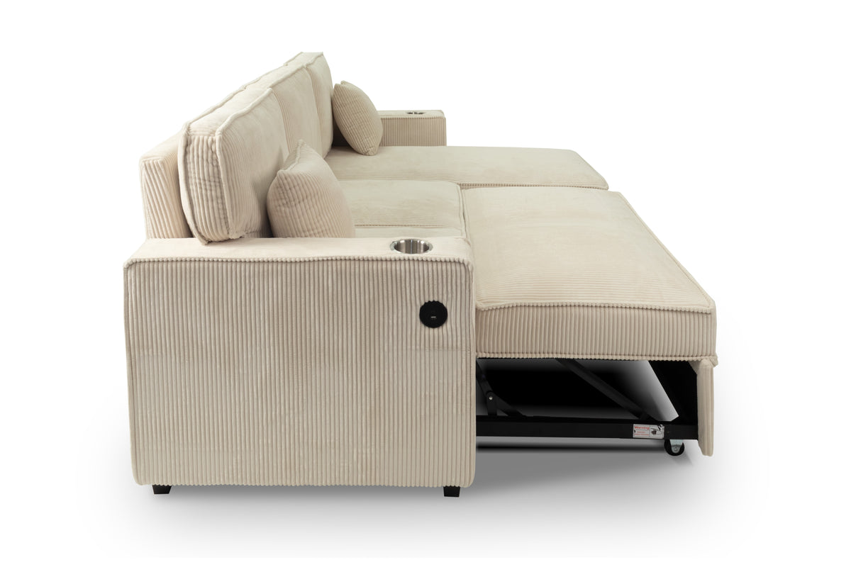 Covertible Sectional W/ Usb Ports & 2 Accent Pillows - Beige