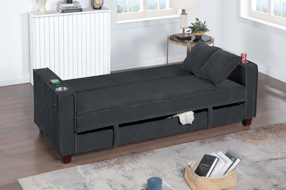 Convertible Sofa W/ Usb Ports & 2 Accent Pillows - Black Corduroy
