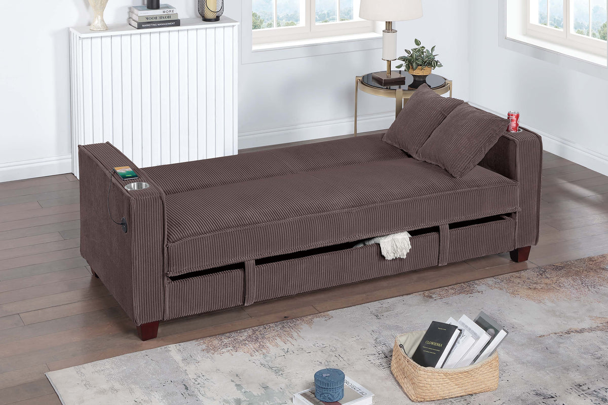 Convertible Sofa W/ Usb Ports & 2 Accent Pillows - Chocolate Corduroy