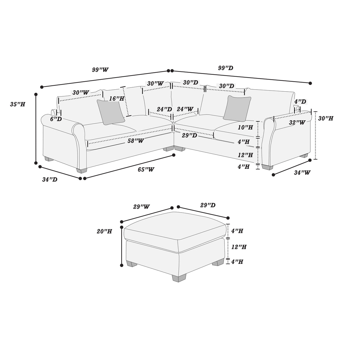 4-Pcs Sectional Sofa - Sage