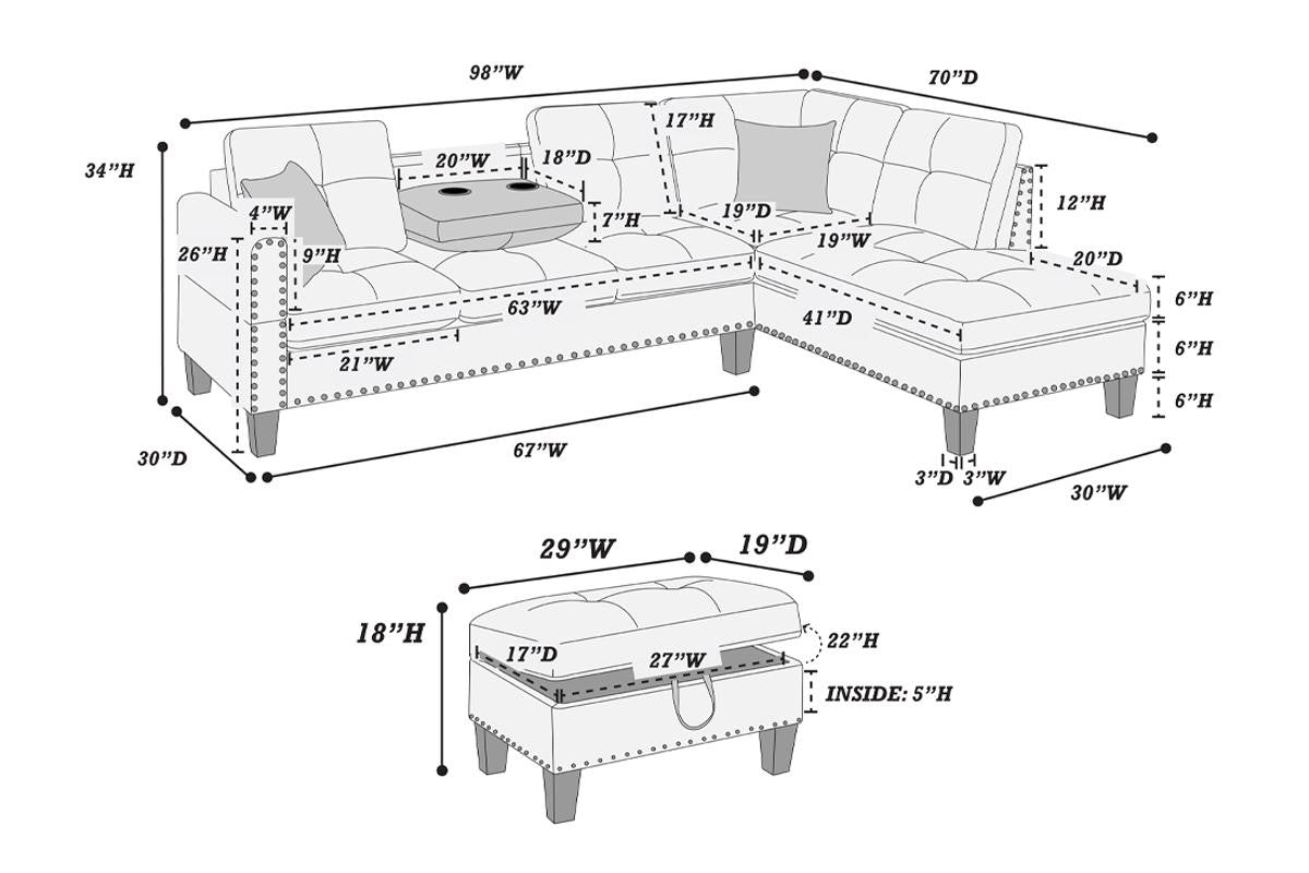 3-Pcs Sectional Set - Charcoal