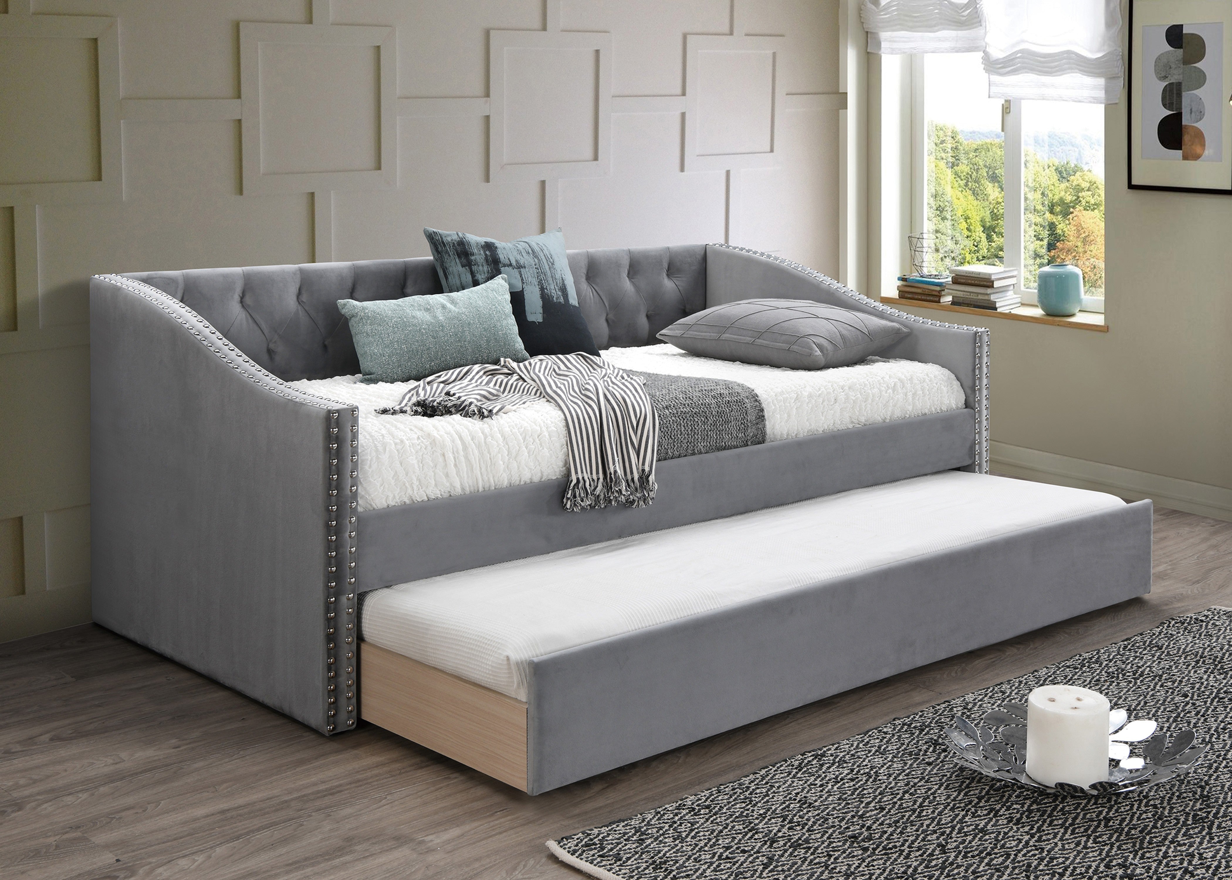 Day Bed W/ Slats + Trundle - Grey / Na