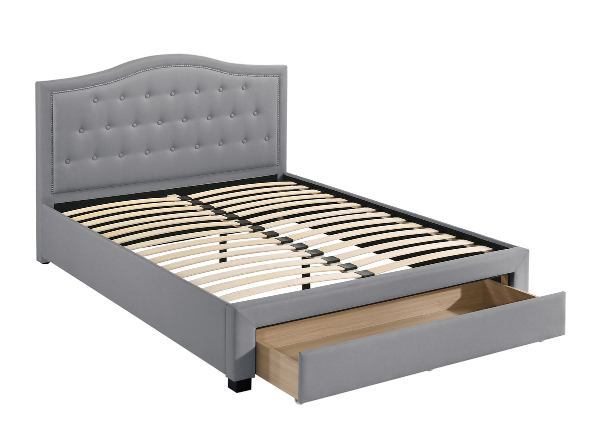 Queen Bed W/Drawer-Light Grey Burlap - Light Grey / Black