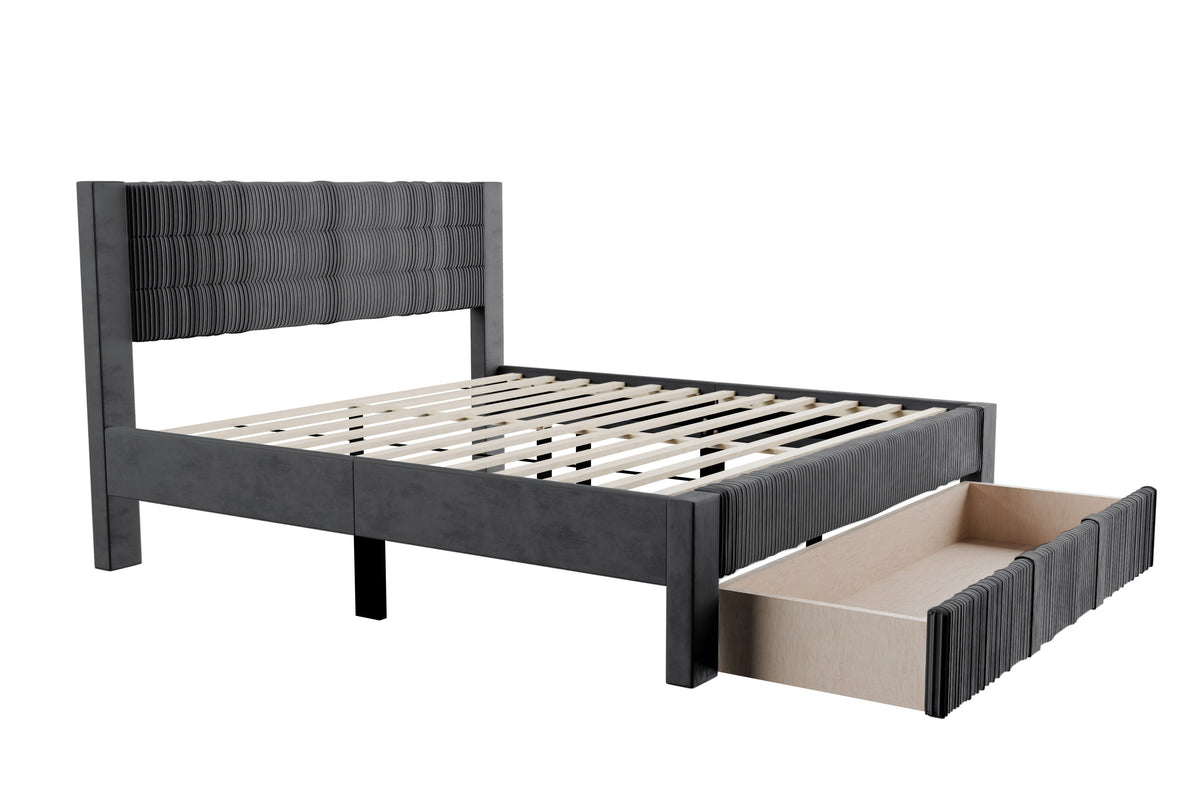 Queen Bed W/ Underbed Drawer - Charcoal
