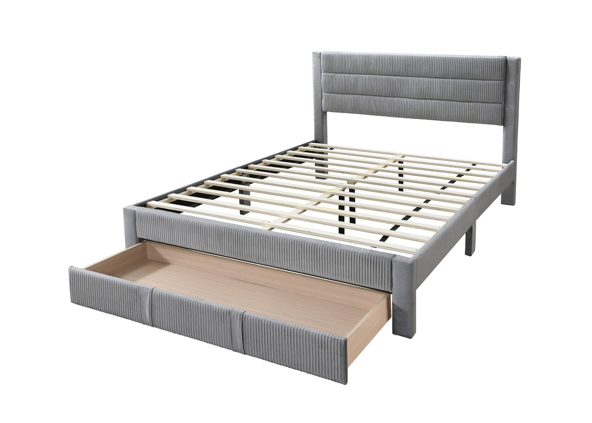 Queen Bed W/ Underbed Drawer - Gray