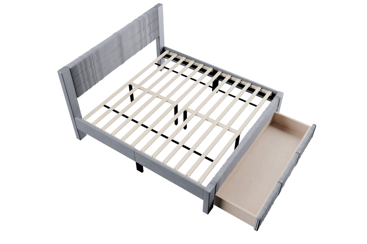 Queen Bed W/ Underbed Drawer - Gray
