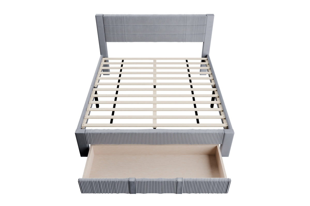 Queen Bed W/ Underbed Drawer - Gray