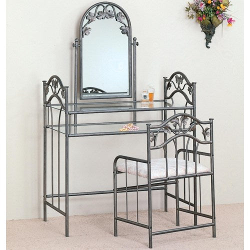 Vanities Casual Metal Vanity with Glass Top and Stool with Fabric Seat
