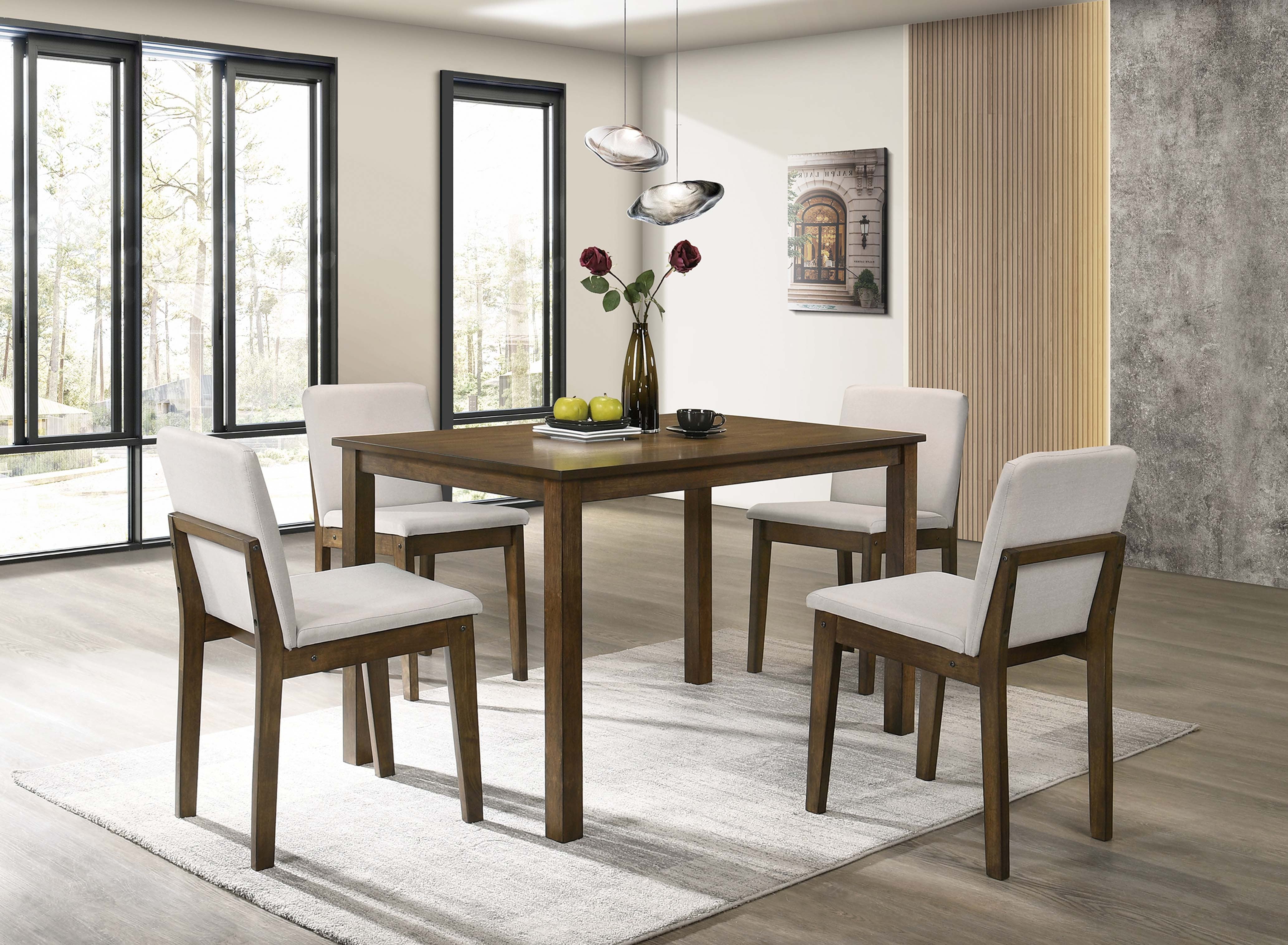 5 Piece Dining Set - Beige Burlap / Dark Walnut Finish