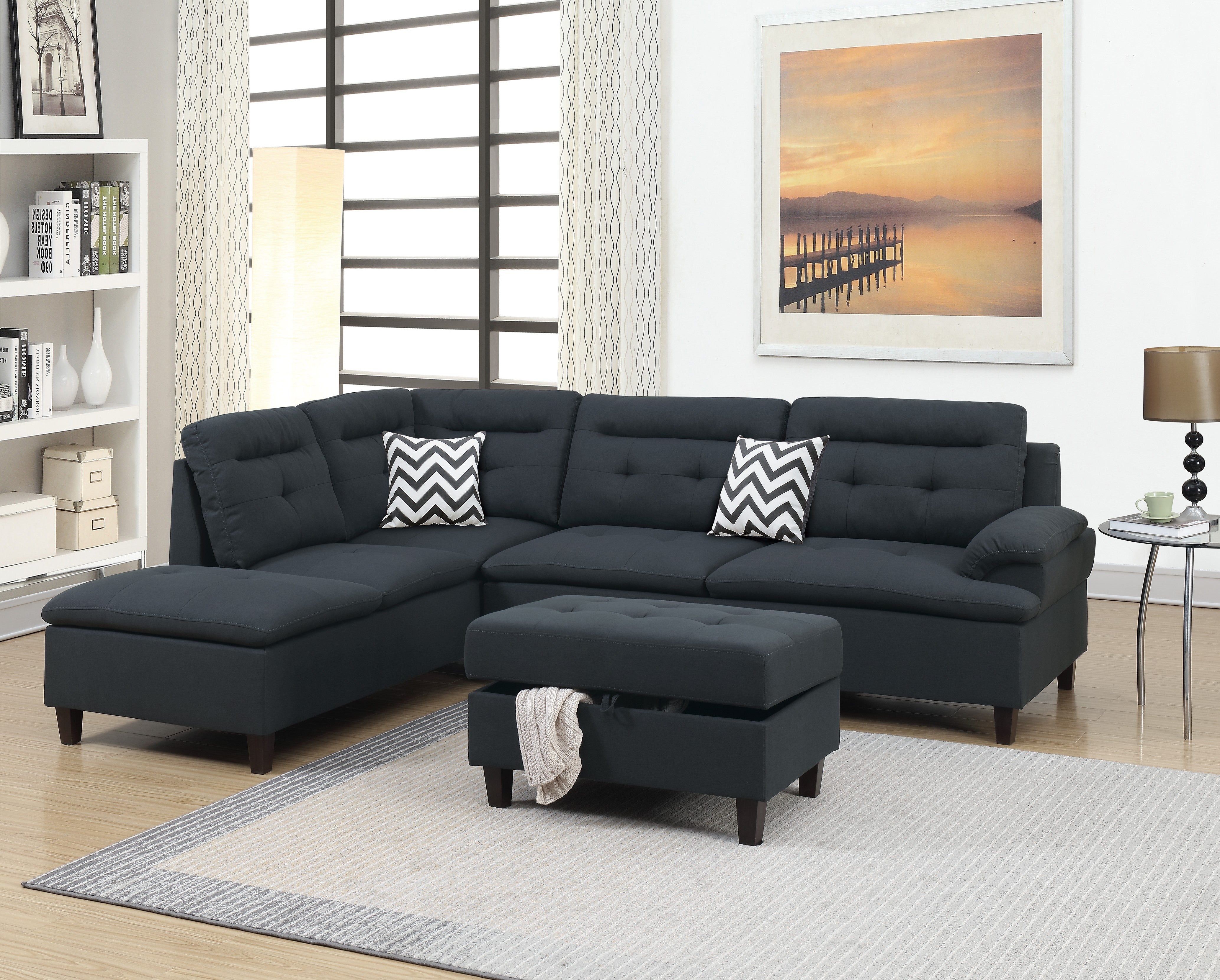 3-Piece Sectional Set W/ Ottoman - Black
