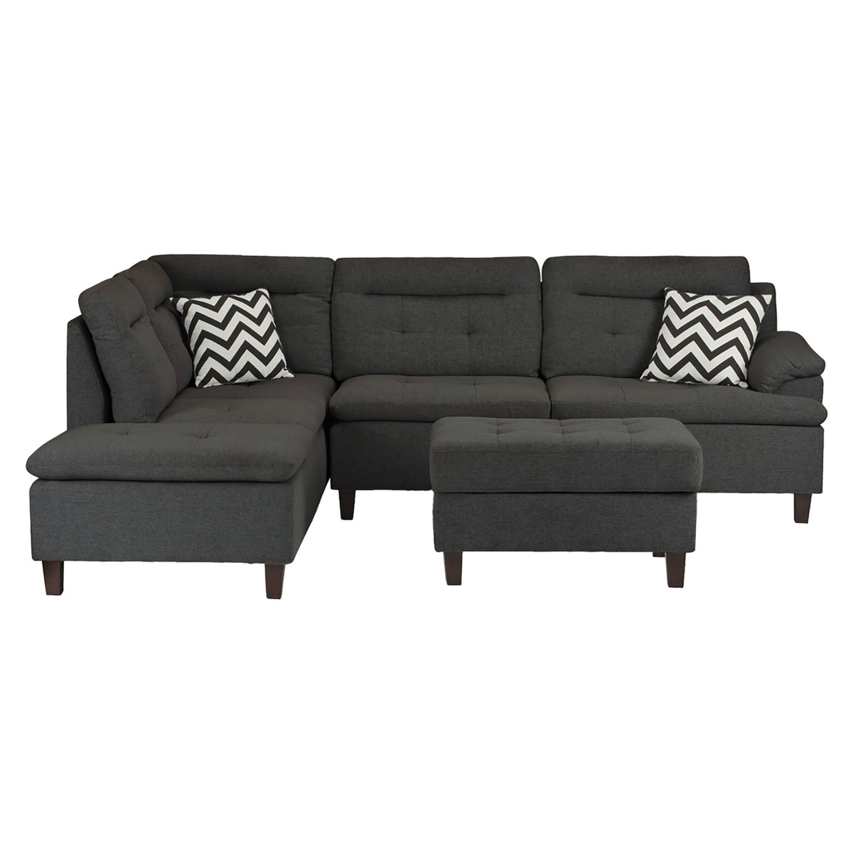 3-Pcs Sectional W/Storage Ottoman 2 Accent Pillows - Charcoal