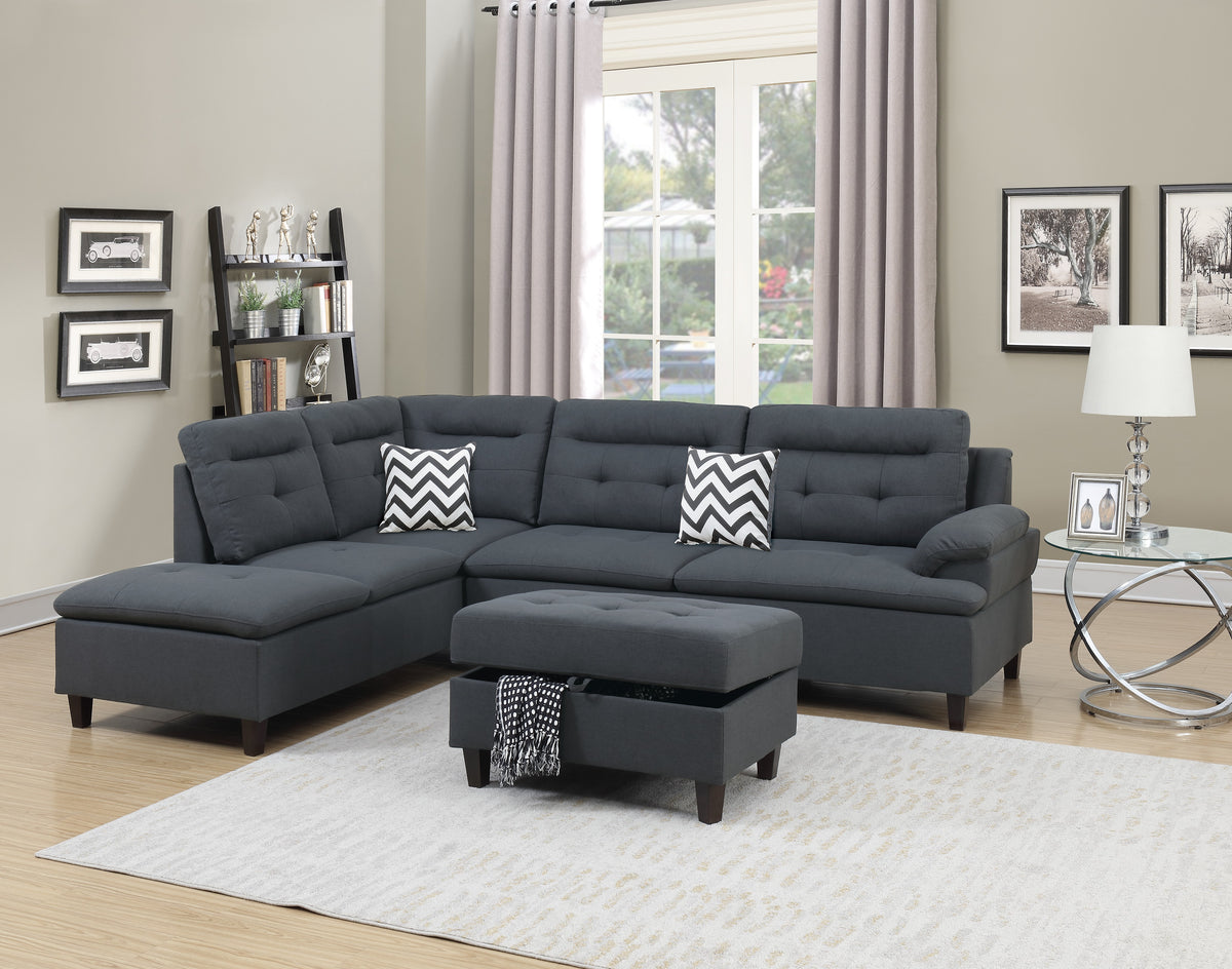 3-Pcs Sectional W/Storage Ottoman 2 Accent Pillows - Charcoal