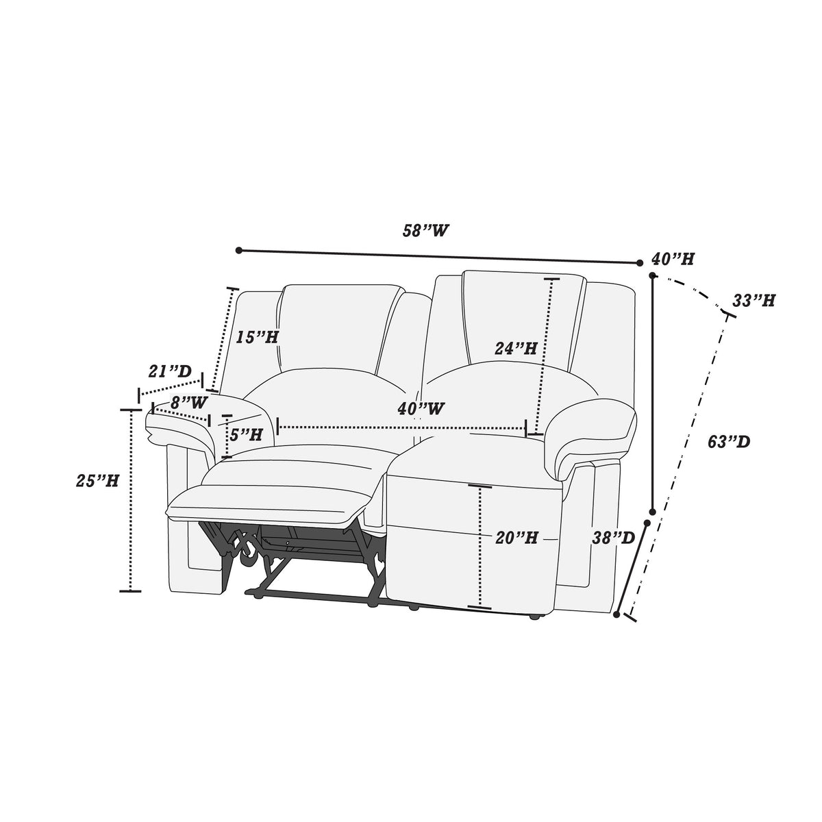 Recliner Loveseat/Bonded Leather-Black - Black