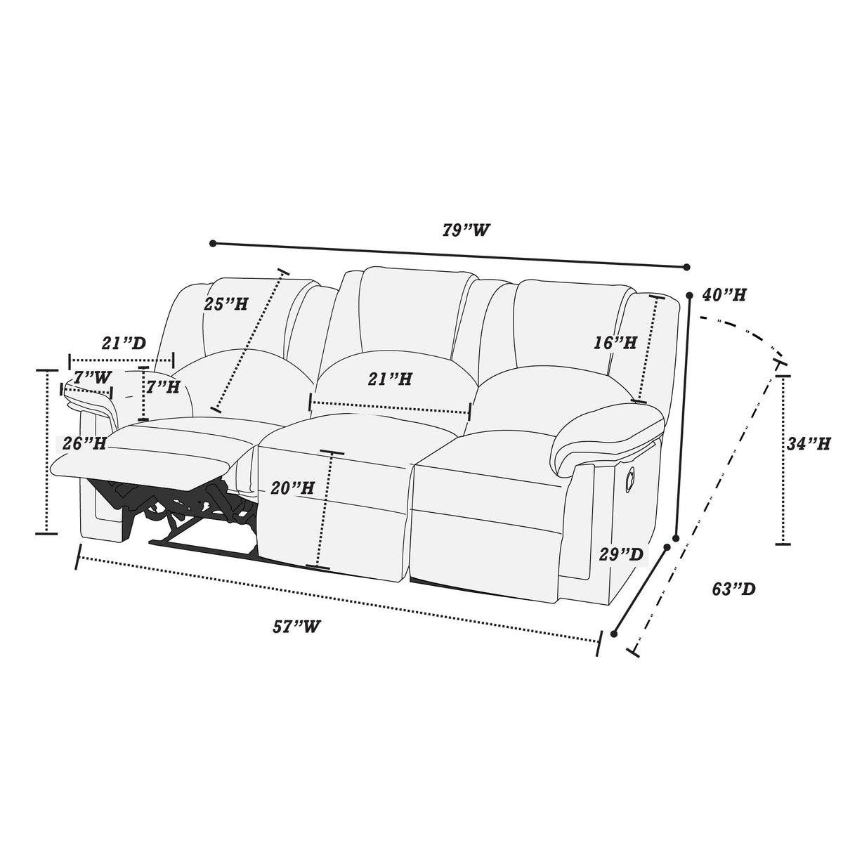 Recliner Sofa/Bonded Leather-Black - Black
