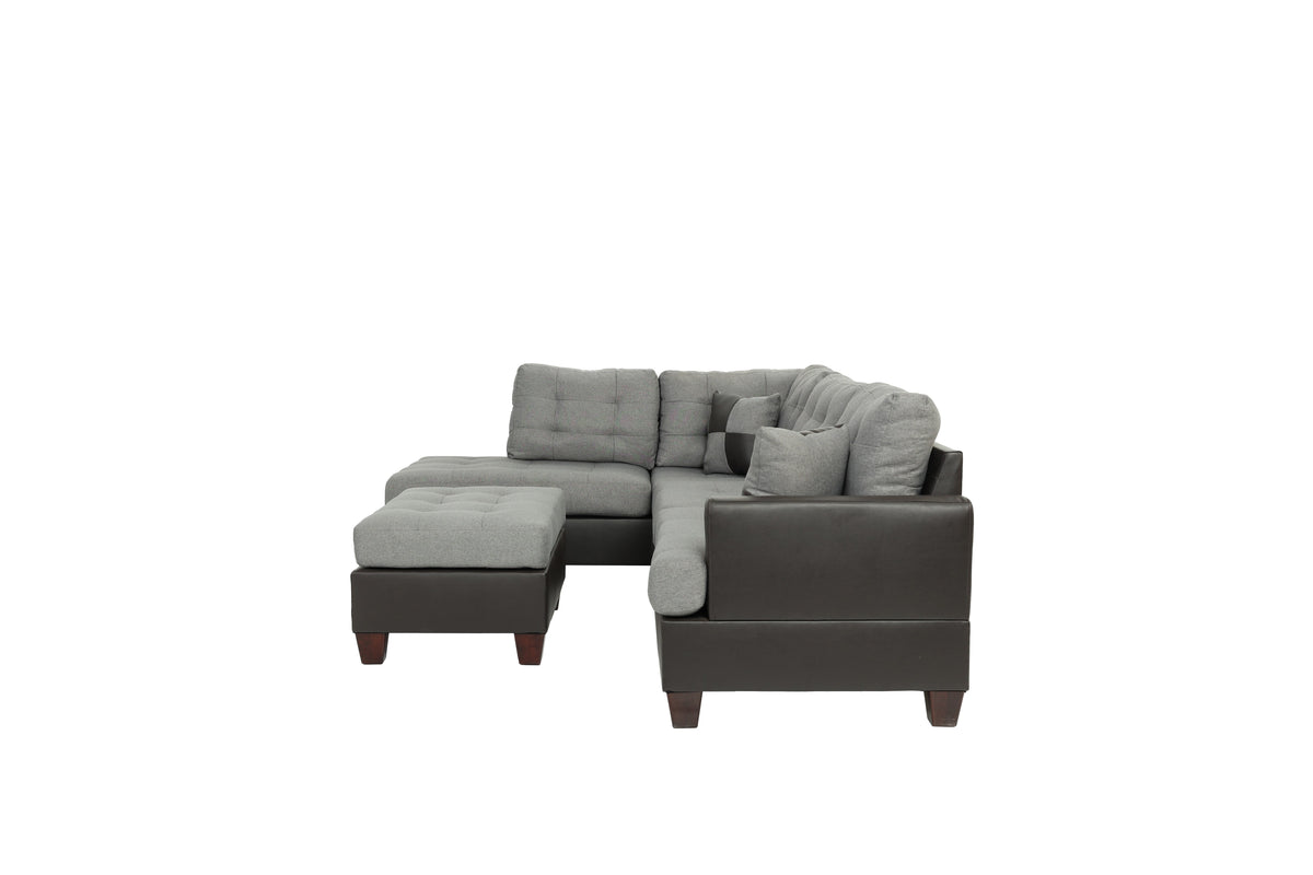 3-Pcs Sectional Set W/2 Accent Pillows - Grey+Chocolate/Dark Coffee