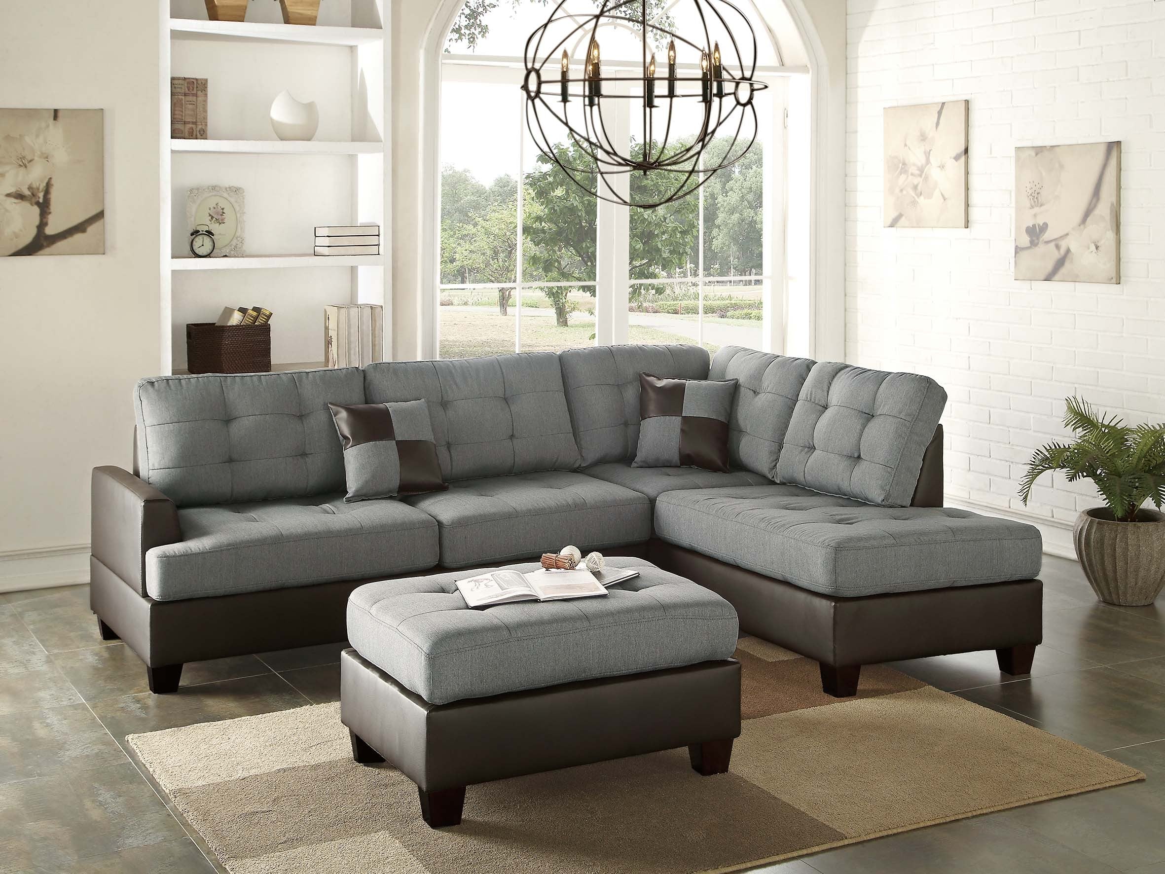 3Pc Reversible Sectional Sofa Set W/ Ottoman - Grey+Chocolate/Dark Coffee