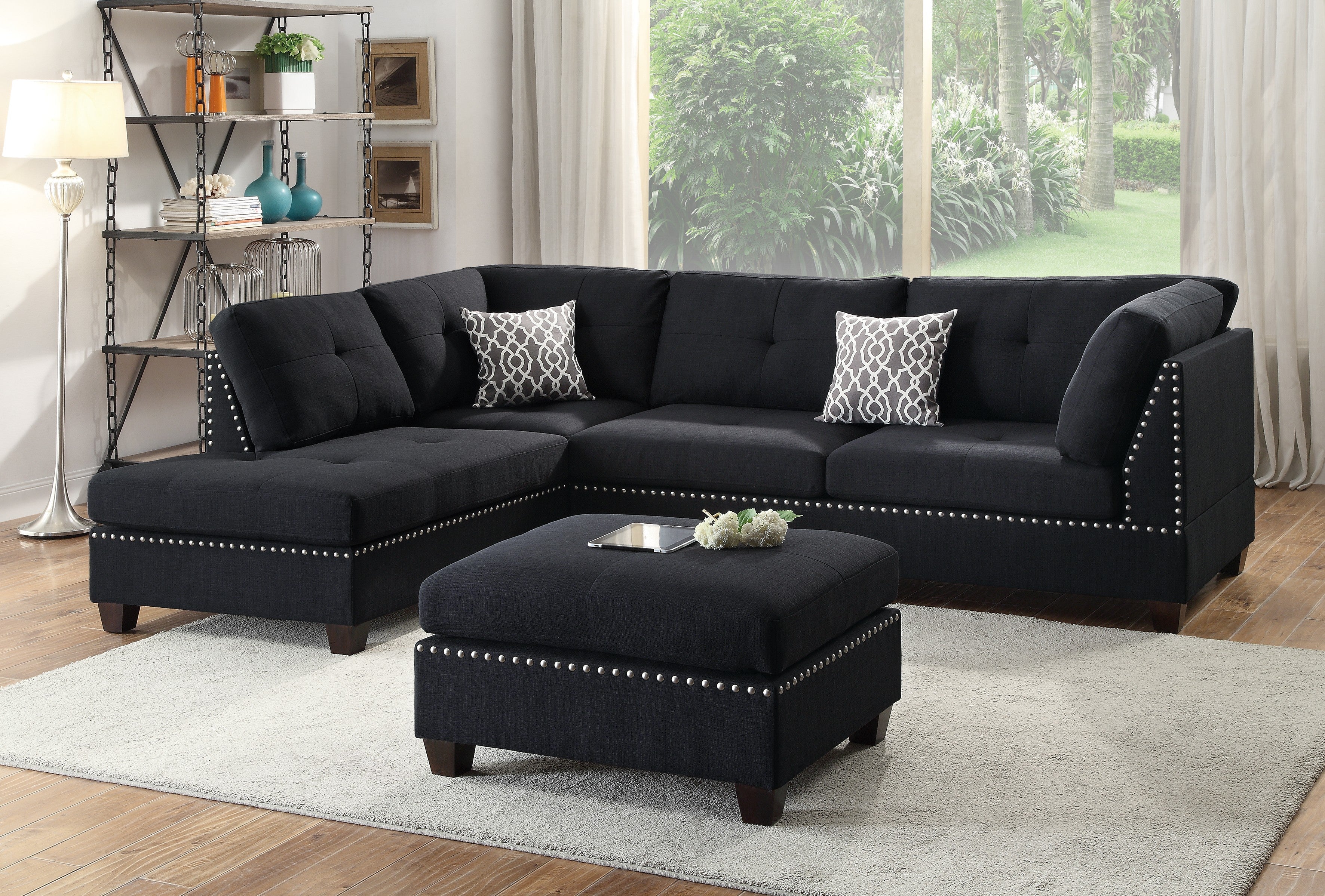 3Pc Reversible Sectional Sofa Set W/ Ottoman - Black