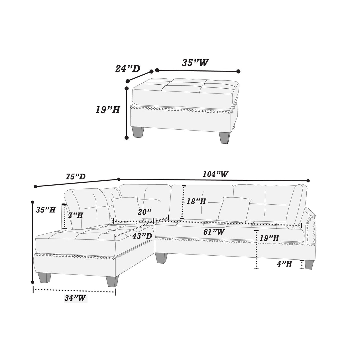 3-Pcs Sectional Set W/2 Accent Pillows - Blue Grey