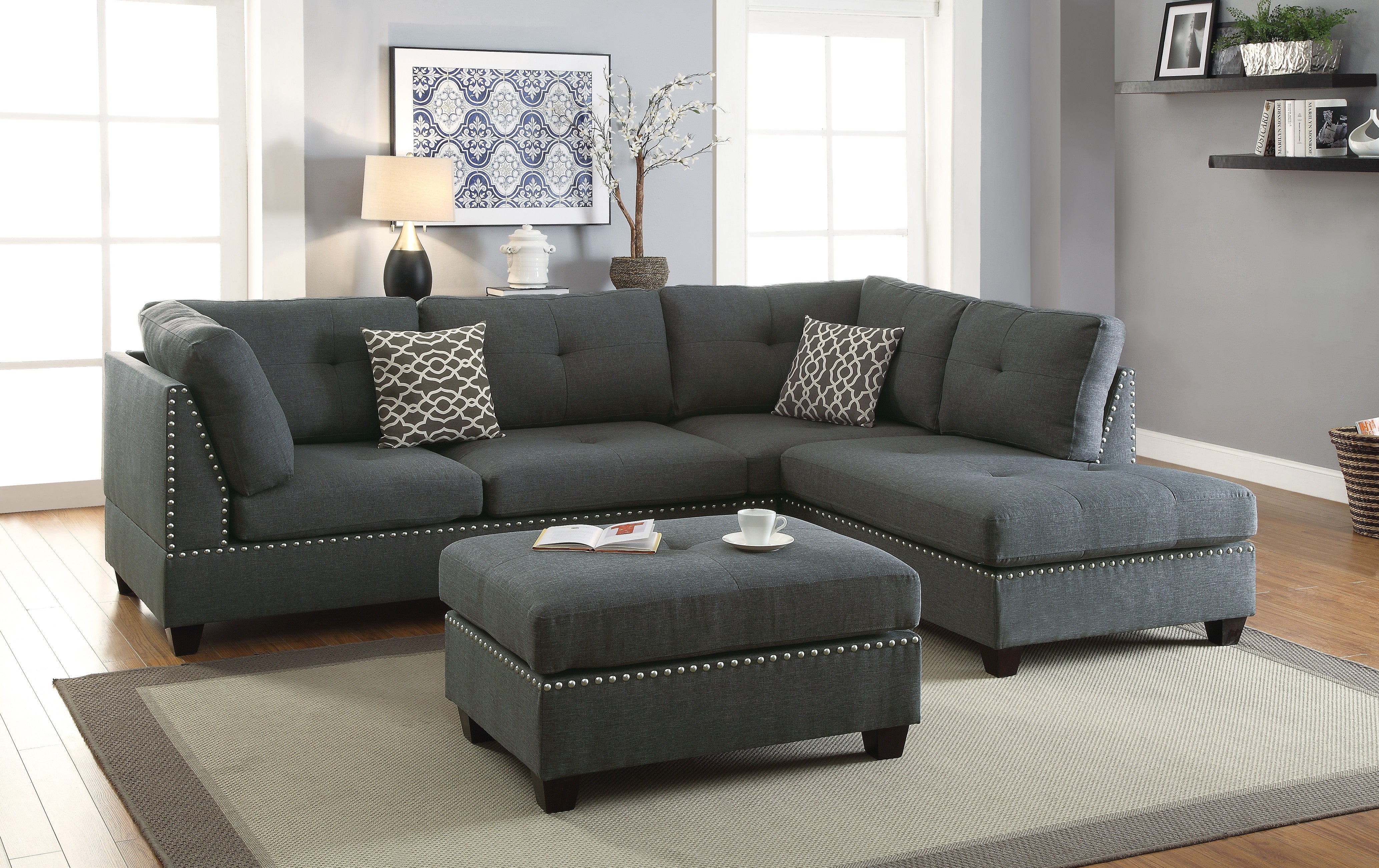3Pc Reversible Sectional Sofa Set W/ Ottoman - Blue Grey
