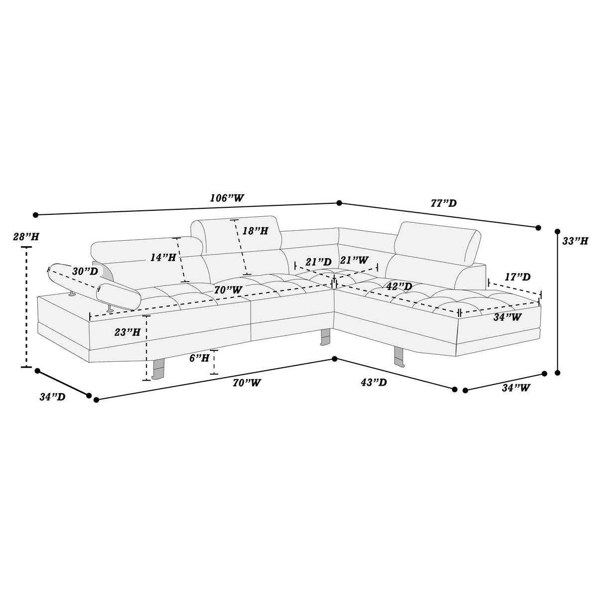 Modern 2-Pcs Sectional Sofa Set - White