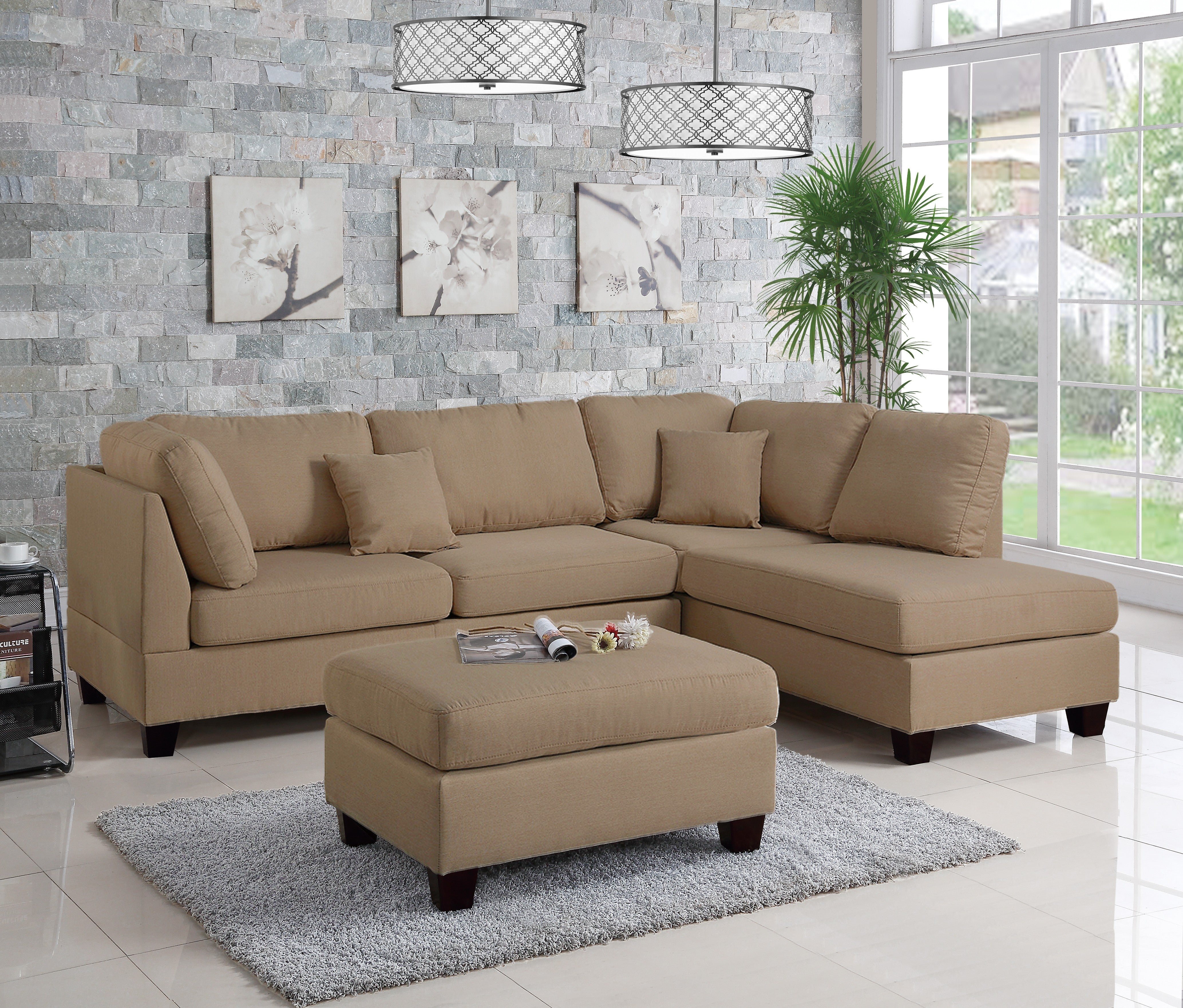 3Pc Reversible Sectional Sofa Set W/ Ottoman - Sand/Dark Coffee