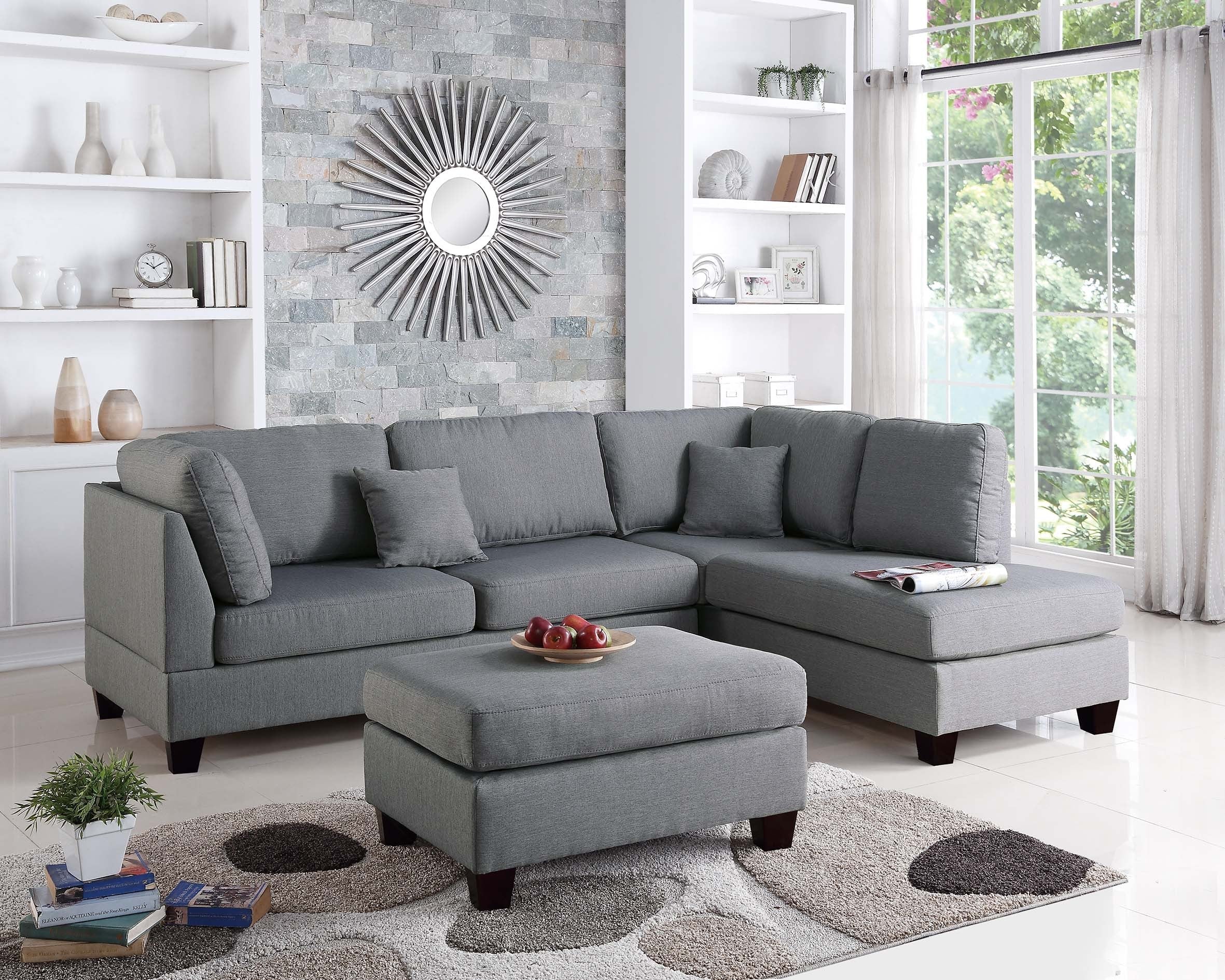3Pc Reversible Sectional Sofa Set W/ Ottoman - Grey/Dark Coffee