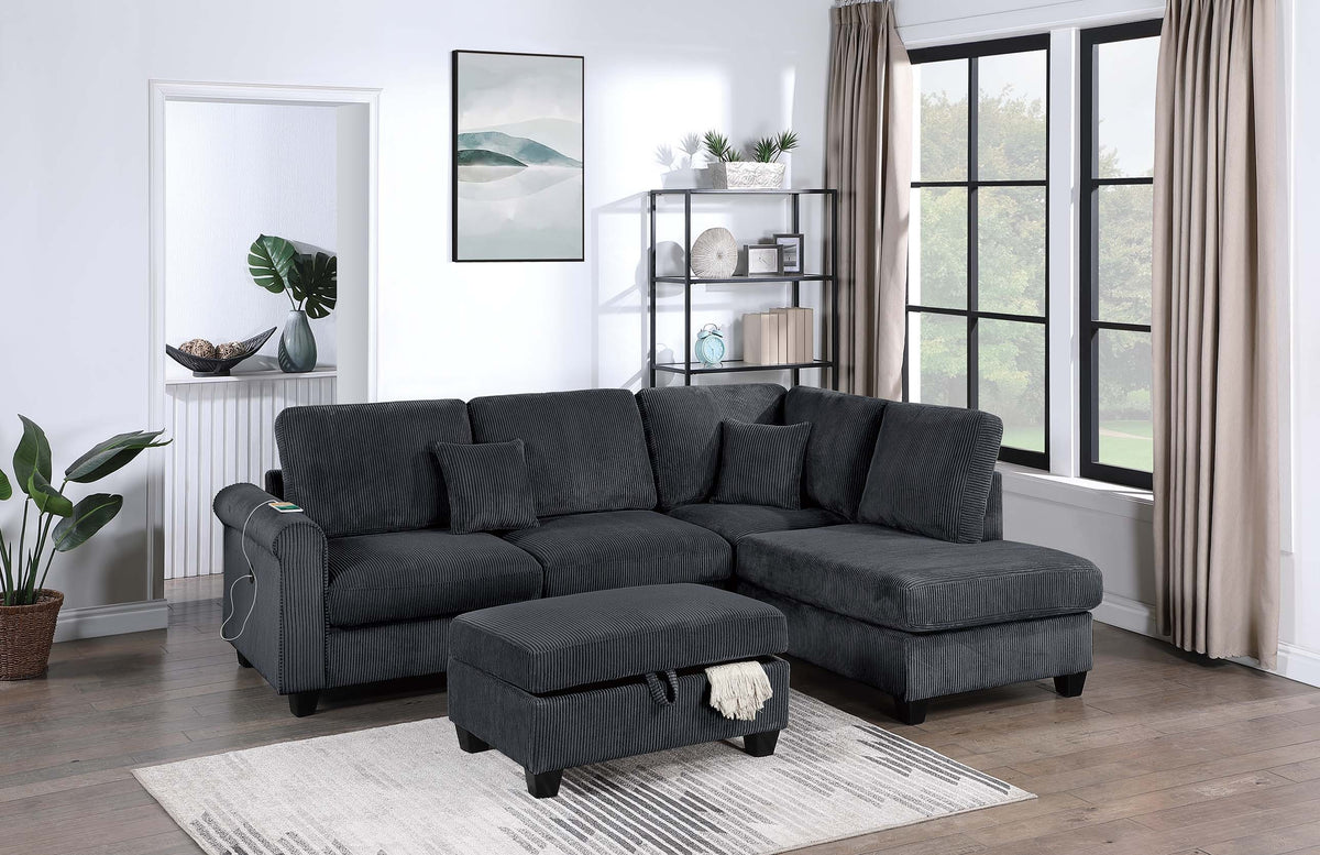 3-Pc Sectional Sofa W/ 2 Accent Pillows - Black
