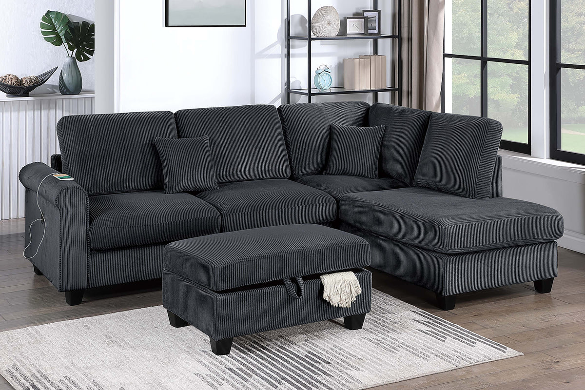 3-Pc Sectional Sofa W/ 2 Accent Pillows - Black