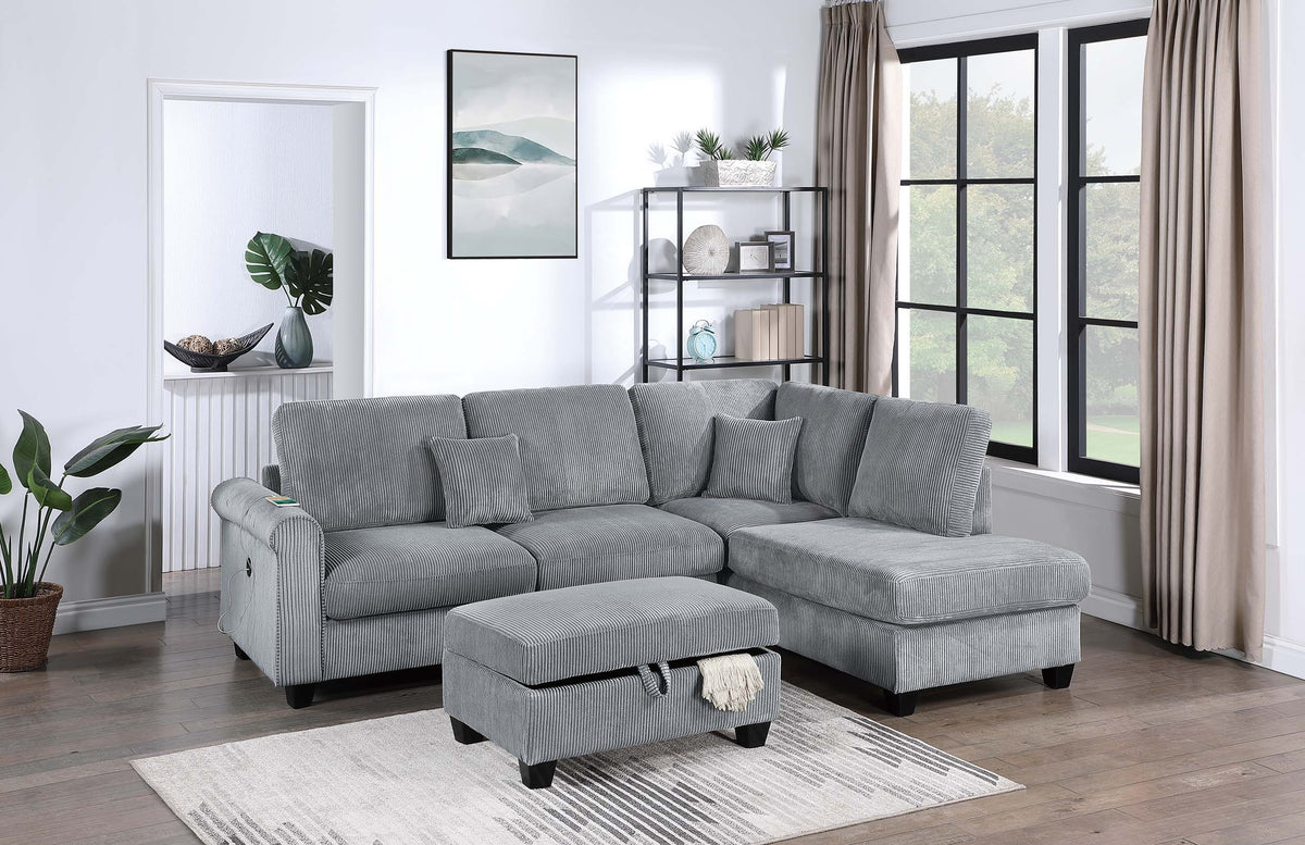 3-Pc Sectional Sofa W/ 2 Accent Pillows - Fog