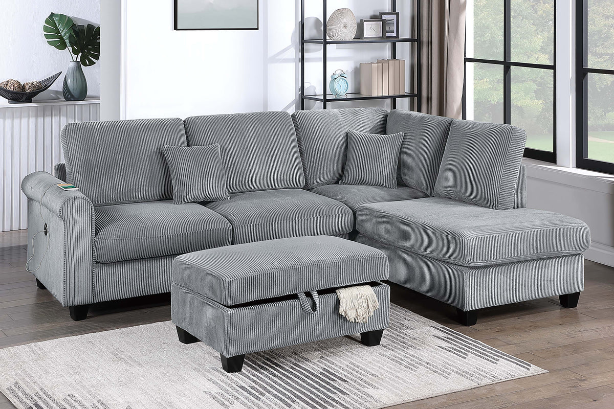 3-Pc Sectional Sofa W/ 2 Accent Pillows - Fog