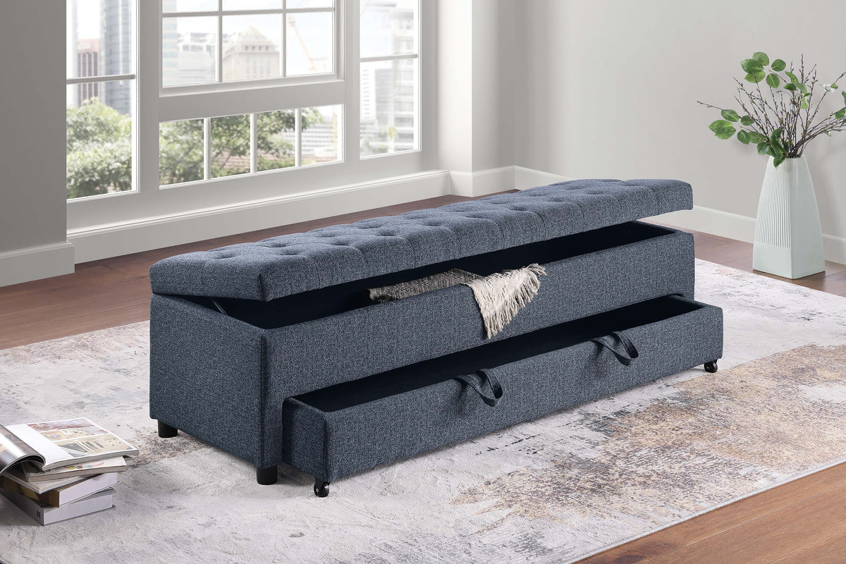 Storage Ottoman W/ Underseat Drawer - Blue Gray Boucle