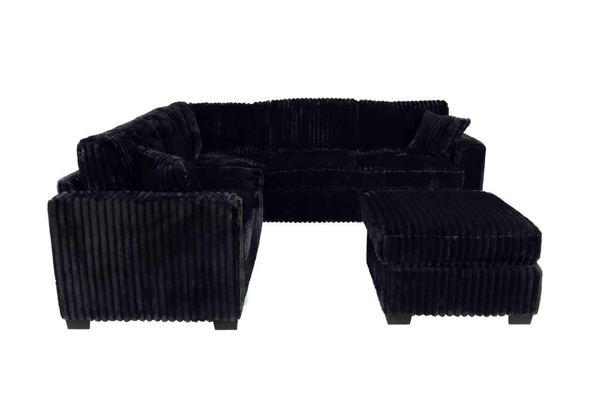 4-Pc Sectional Sofa W/ 2 Accent Pillows - Balck Fur-Like Jumbo Corduroy