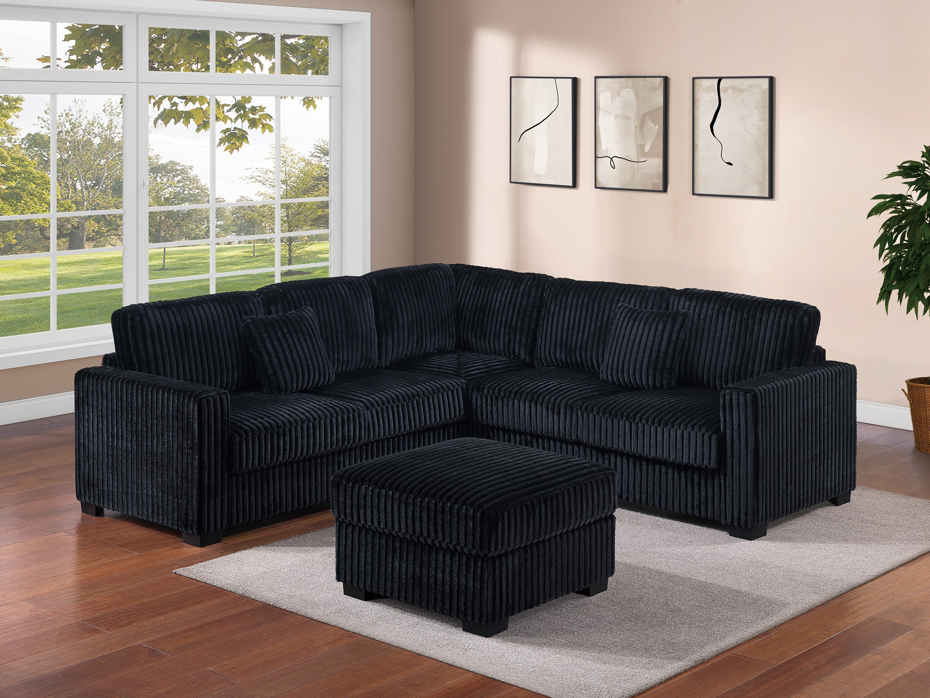 4-Piece Sectional Set - Balck Fur-Like Jumbo Corduroy