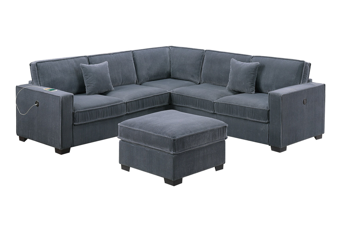 4-Pc Sectional Sofa W/ 2 Accent Pillows - Dark Gray Corduroy