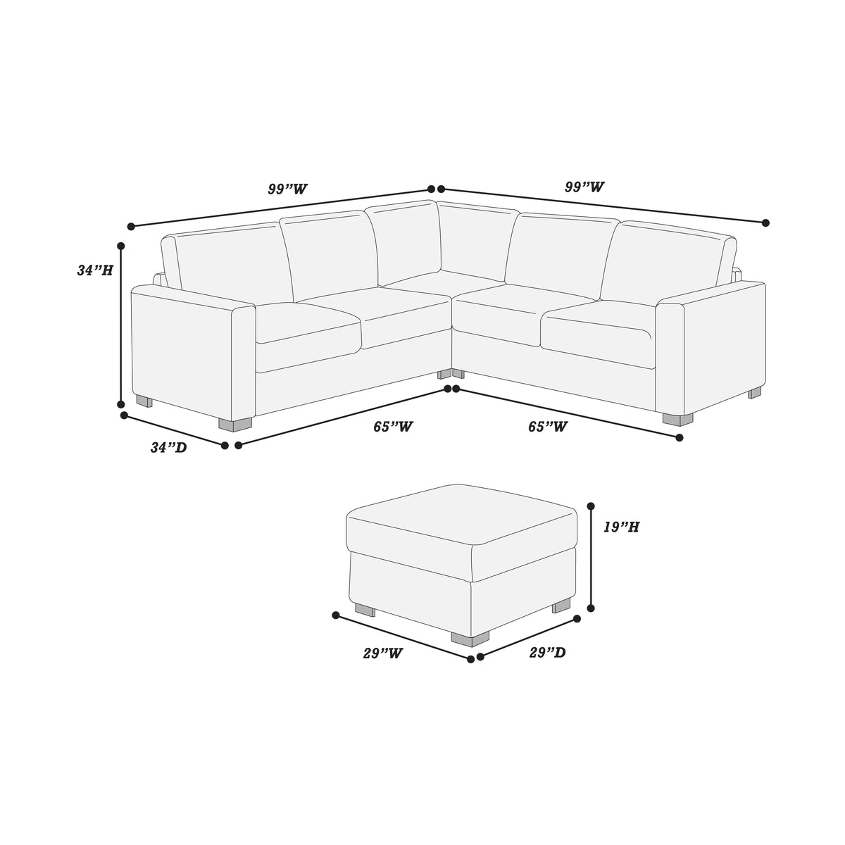 4-Pc Sectional Sofa W/ 2 Accent Pillows - Dark Gray Corduroy