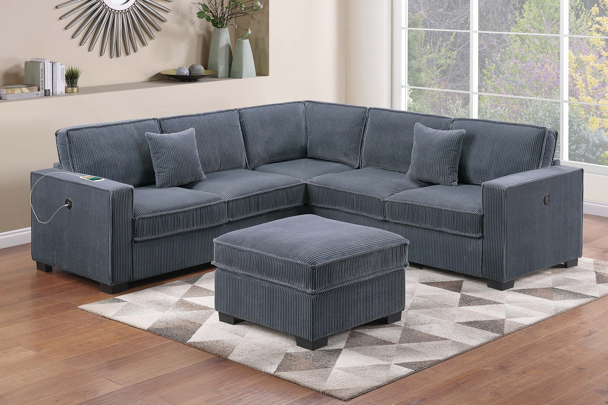 4-Pc Sectional Sofa W/ 2 Accent Pillows - Dark Gray Corduroy