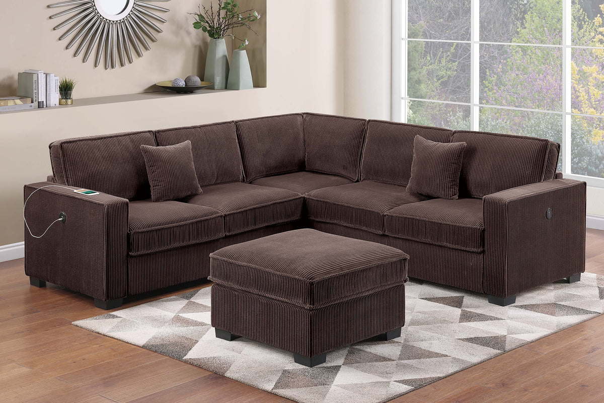 4-Pc Sectional Sofa W/ 2 Accent Pillows - Chocolate Corduroy