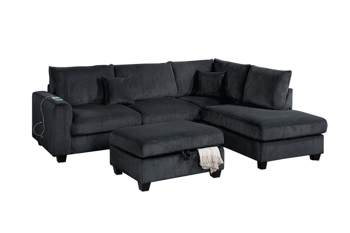 3-Pc Sectional Sofa W/ 2 Accent Pillows - Black
