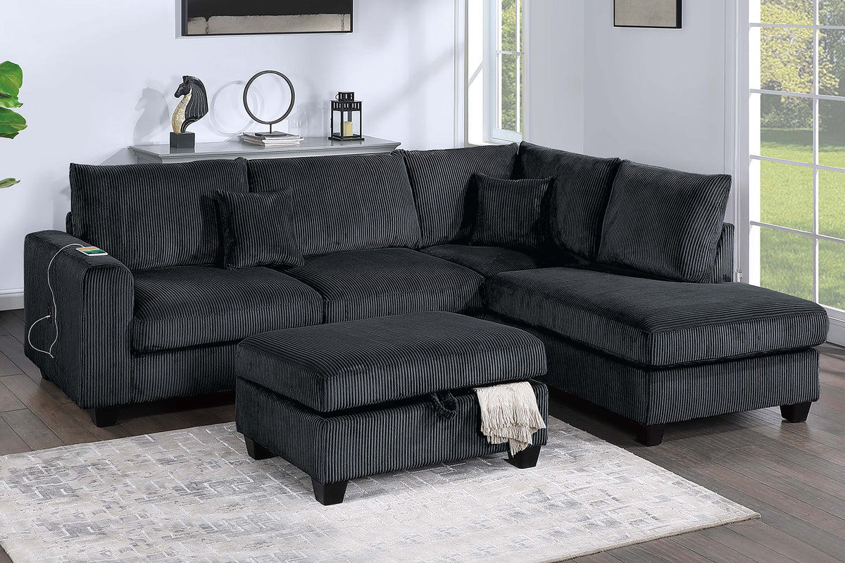 3-Pc Sectional Sofa W/ 2 Accent Pillows - Black