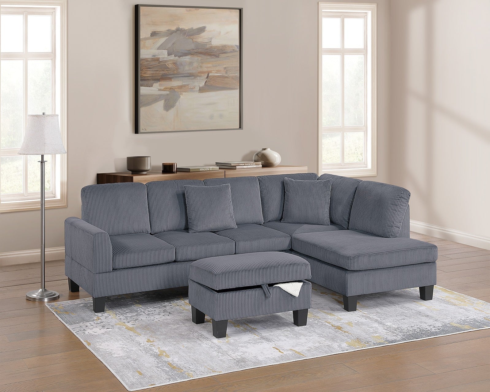3-Piece Sectional Set W/ Ottoman - Dark Gray