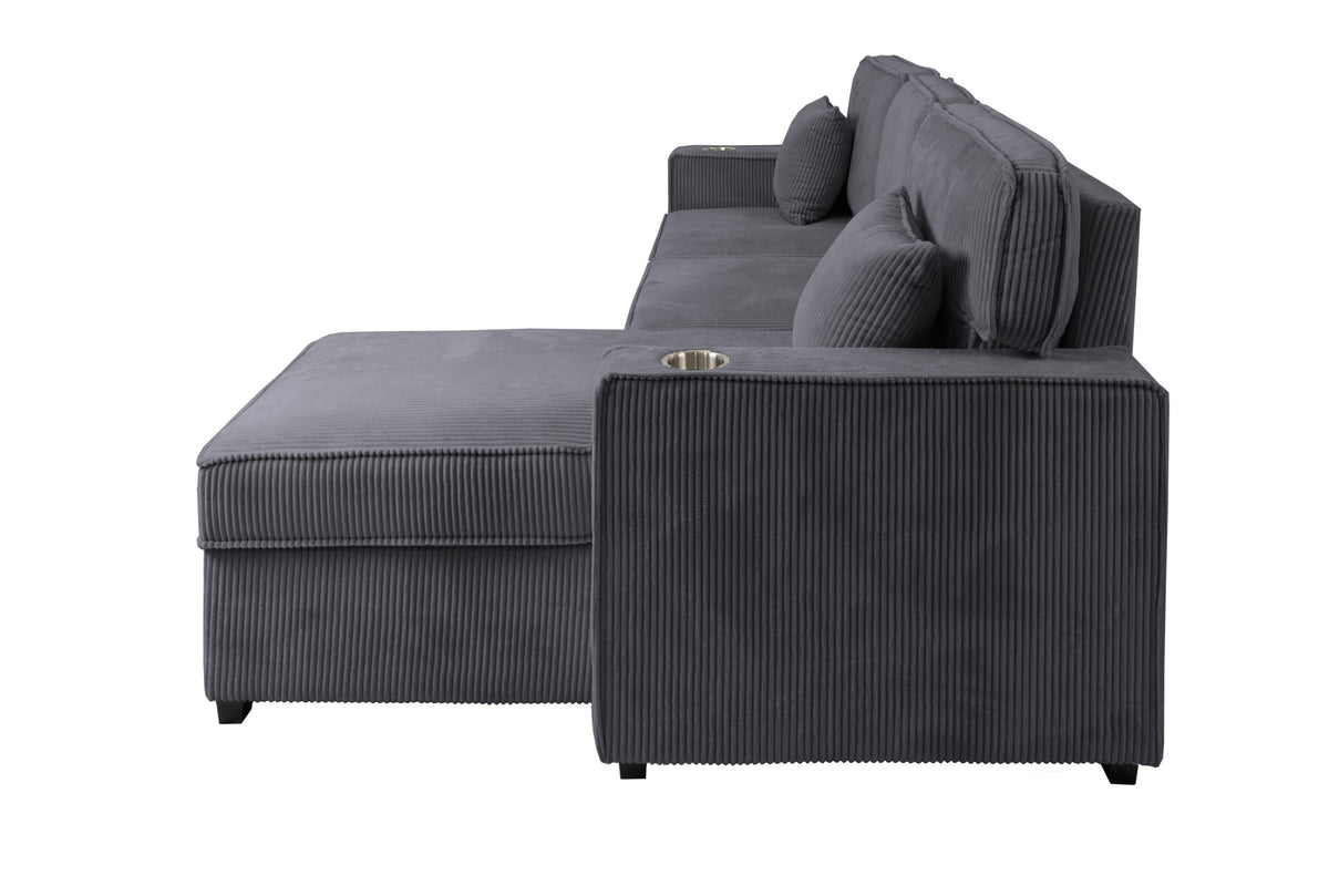 Covertible Sectional W/ Usb Ports  & 2 Accent Pillows - Dark Gray