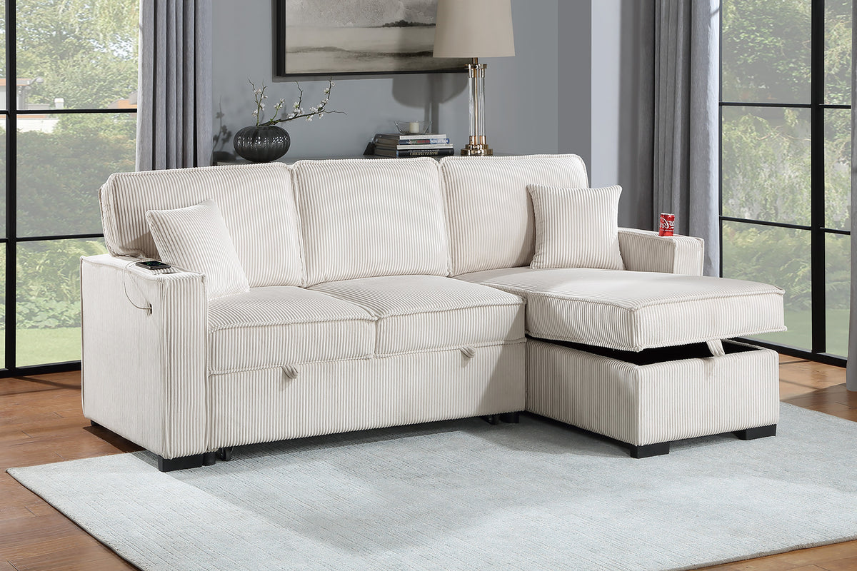 Covertible Sectional W/ Usb Ports  & 2 Accent Pillows - Beige