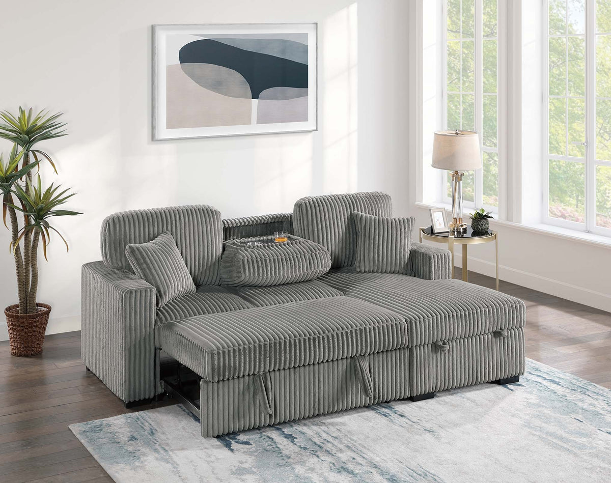 2-Pc Convertible Sectional W/ 2 Accent Pillows & Fold-Down Table - Smoke Wide-Welt Corduroy