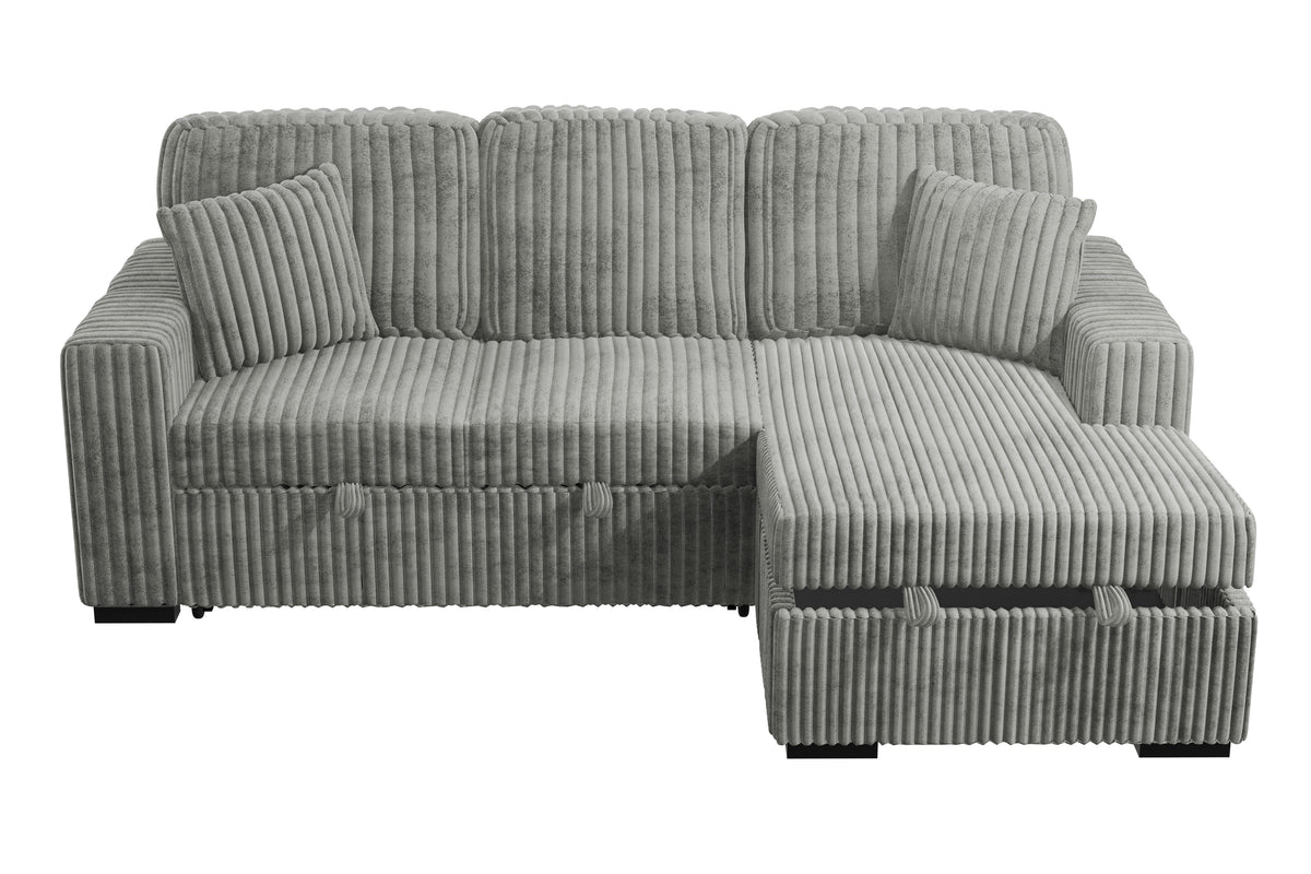 2-Pc Convertible Sectional W/ 2 Accent Pillows & Fold-Down Table - Smoke Wide-Welt Corduroy